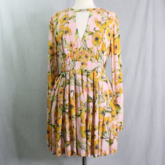 Free People Tegan Mini Dress 12 Pink Orange Floral Long Bell Sleeve V-Neck Pleat - Picture 8 of 16